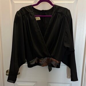 Vintage Black Silk Women's Top with Embellished Hem